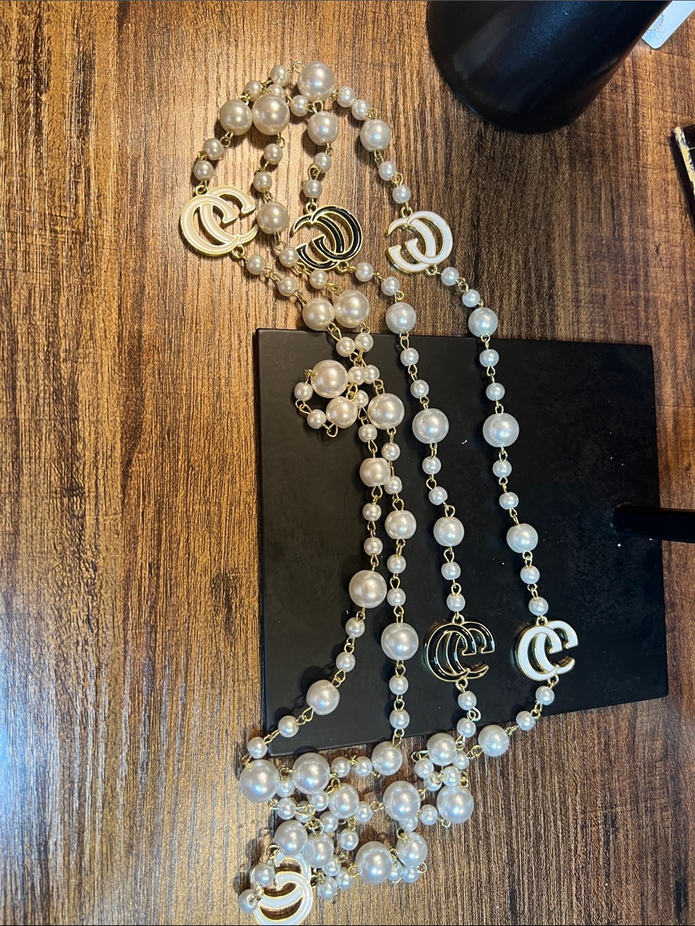 Pearl Station Necklace with Gold-Tone Double-C Logo Pendant - White